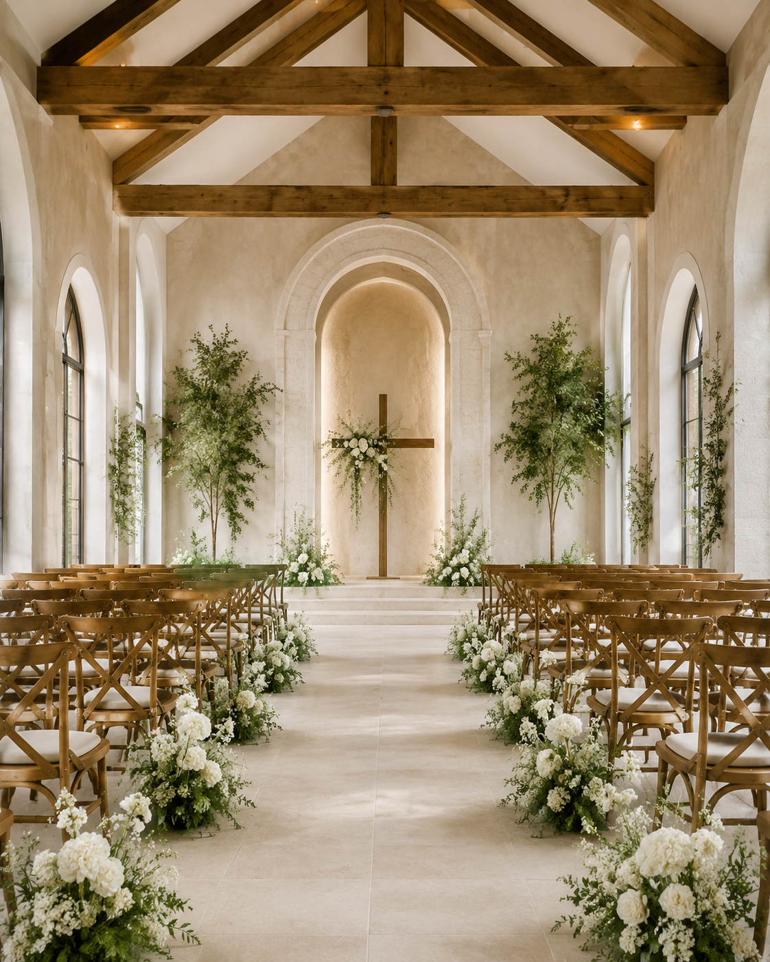Elegant chapel prepared for a wedding ceremony
